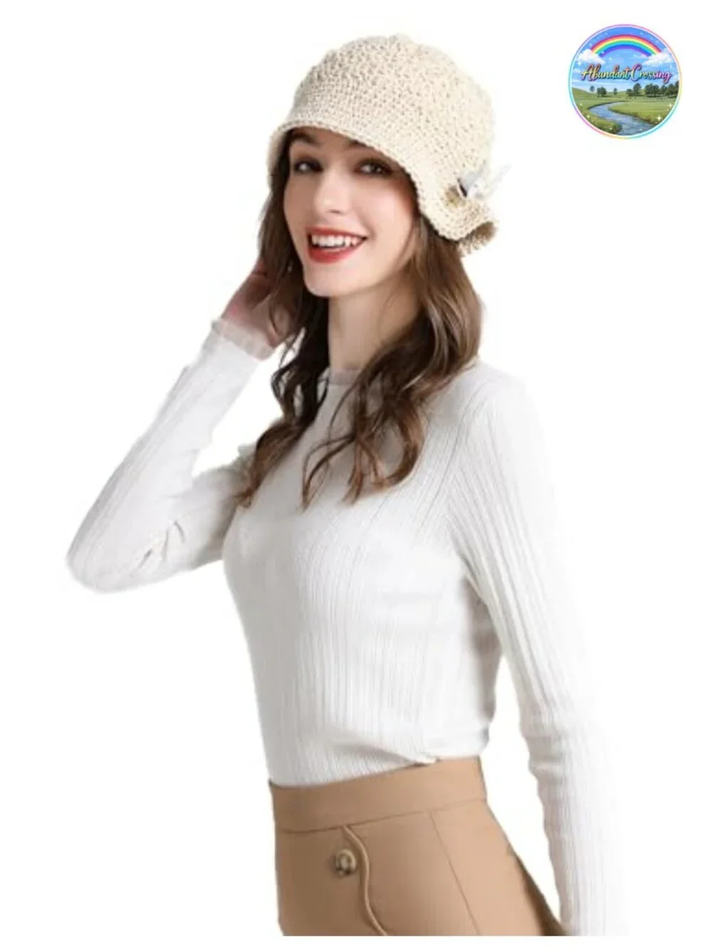 Hand Knitted Cotton Bucket Hat with Leather Bowknot for Women Foldable Travel